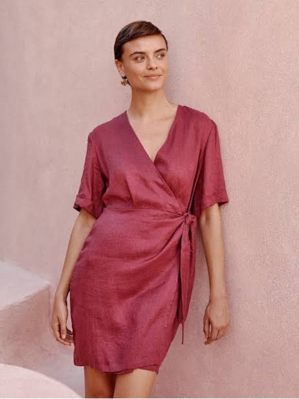 Garnet Hill Easy Linen Wrap Dress in Raspberry